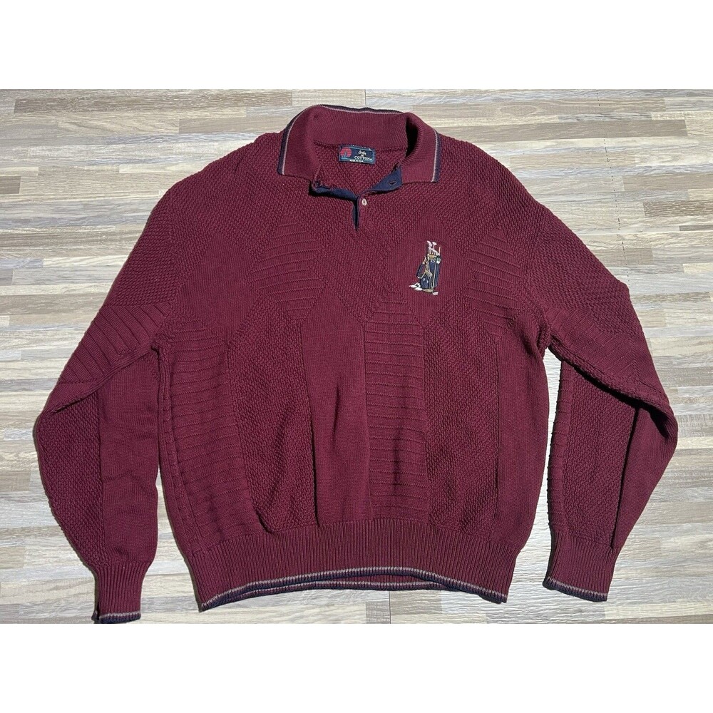 VTG 90s Isle of Cotton Golf Bag Themed 2 Button Maroon Sweater - Mens X-Large